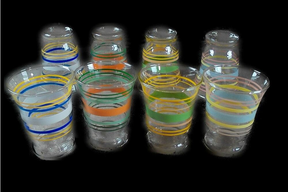 Libbey Glass LRS352 Vintage Colorful Striped Juice Glasses Set of 8 MCM Cups